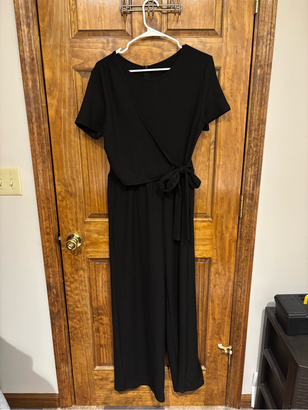 Black Short-Sleeve Wrap Jumpsuit with Side Tie